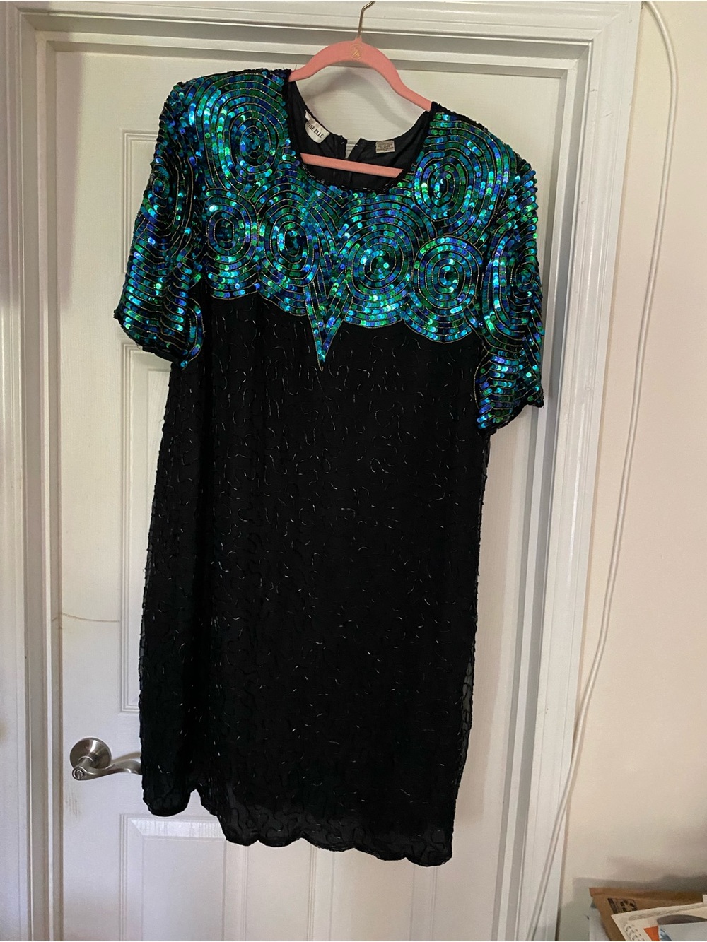 Black Dress with Green-Blue Sequin Yoke - Women's Evening Dress